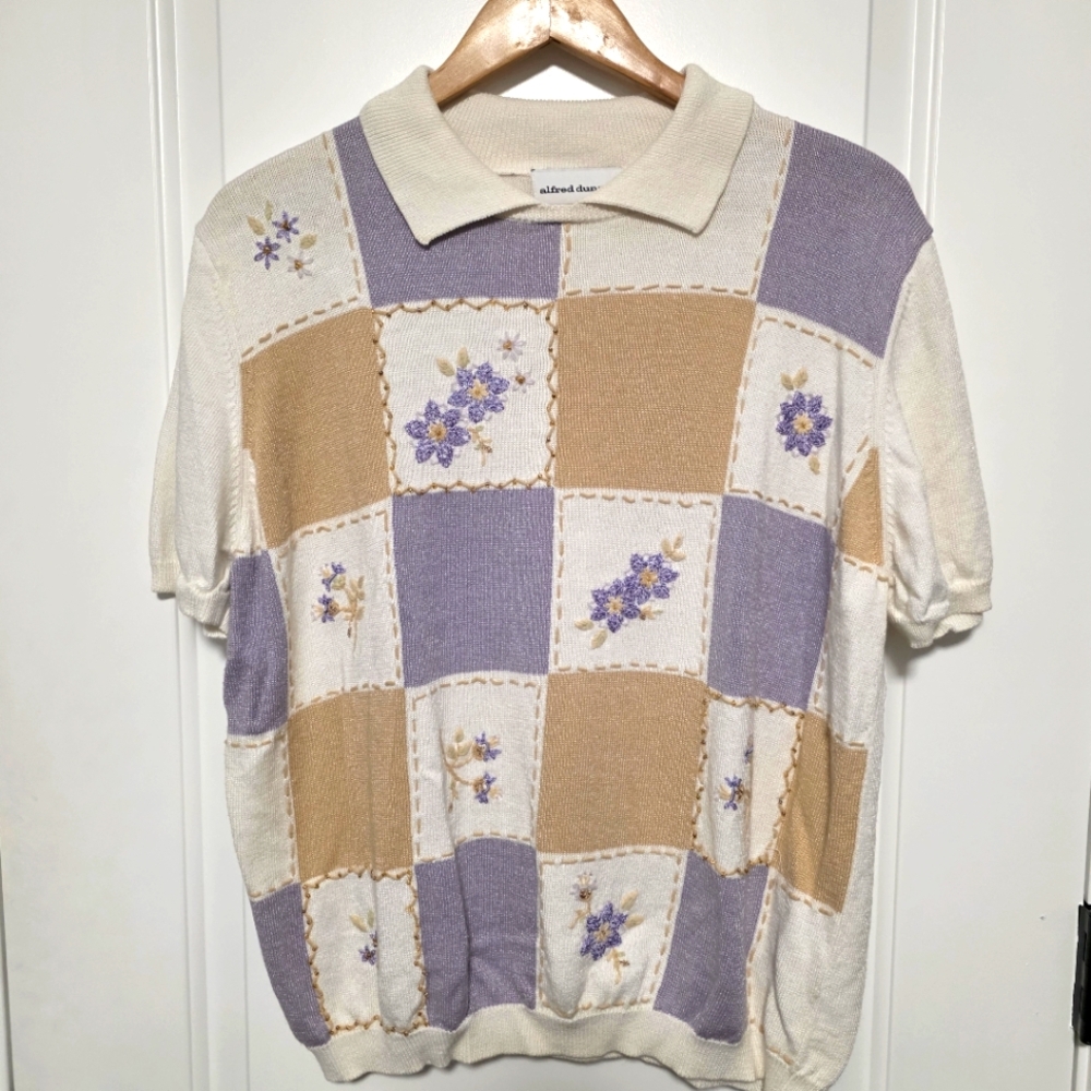 Alfred Dunner "Granny Square" Lightweight Sweater Purple And Tan XL